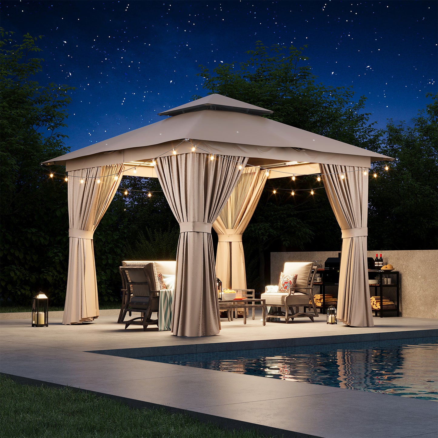 Jolydale 8x8 Ft Outdoor Gazebo With Double Roof, Patio Canopy With Mosquito Netting And Curtains, Suitable For Patios, Lawn And Backyard