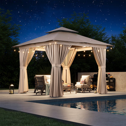 Jolydale 8x8 Ft Outdoor Gazebo With Double Roof, Patio Canopy With Mosquito Netting And Curtains, Suitable For Patios, Lawn And Backyard