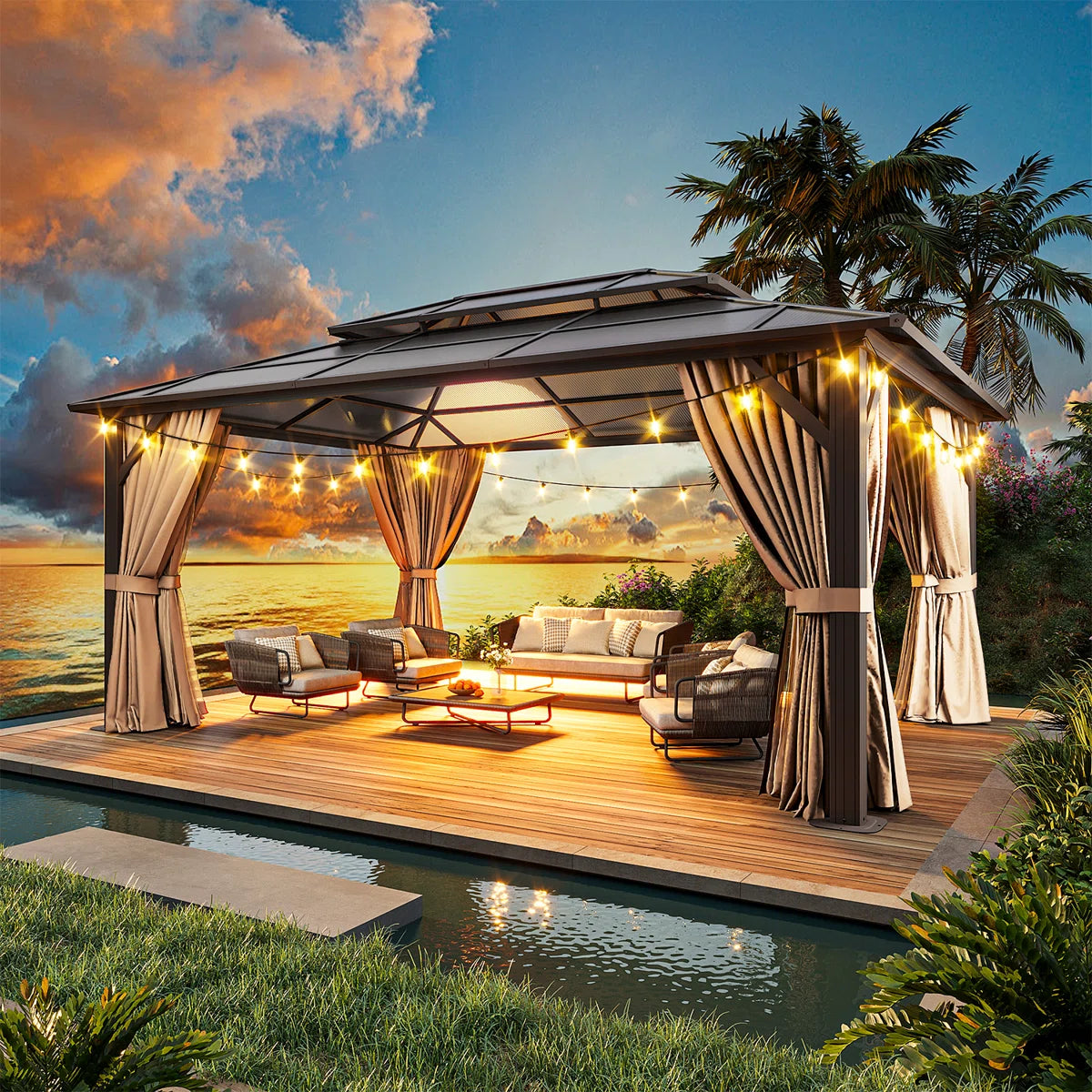 16 Ft. W X 12 Ft. D Double Roof Gazebo With String Lights