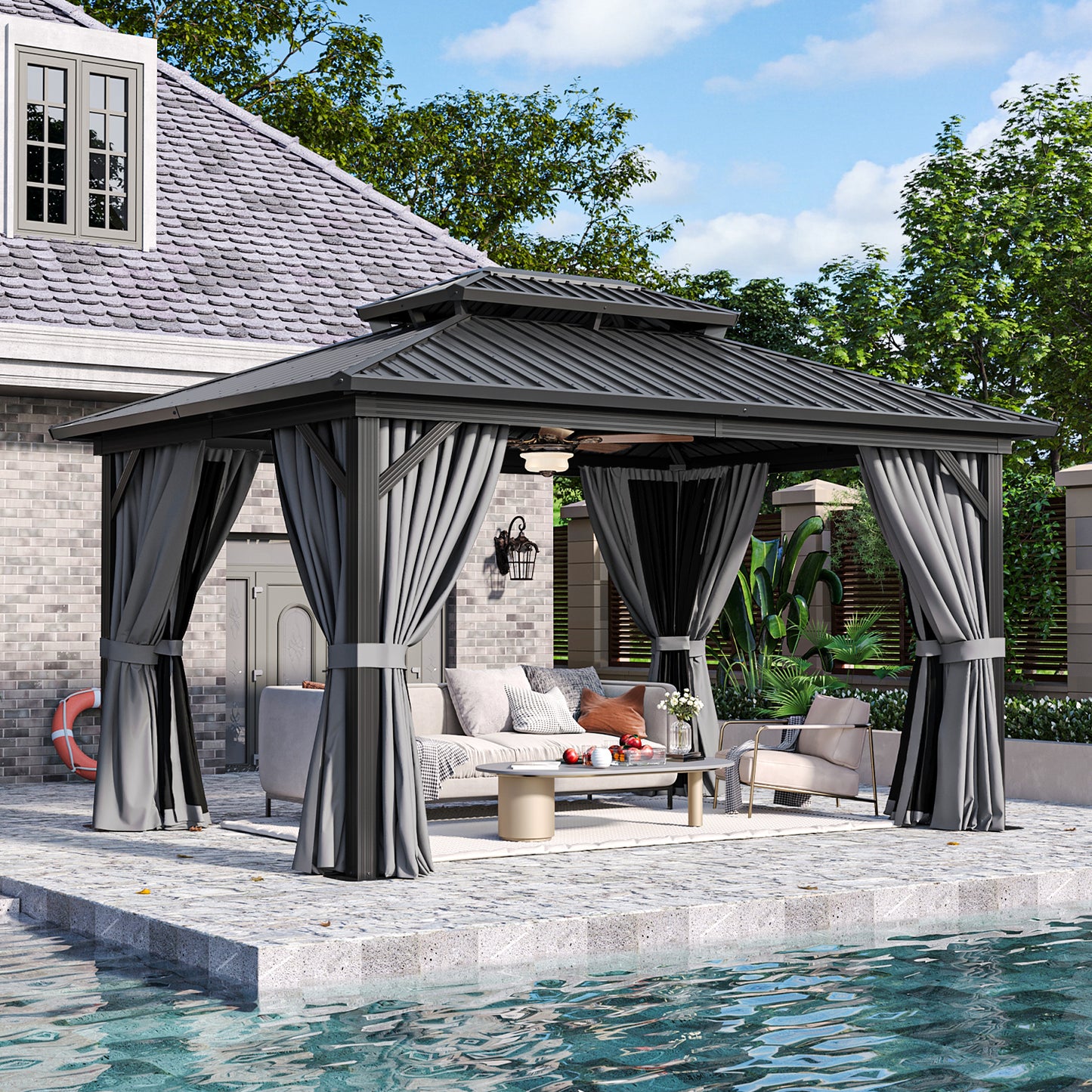 14 Ft. W X 10 Ft. D Patio Gazebo With Double Roof