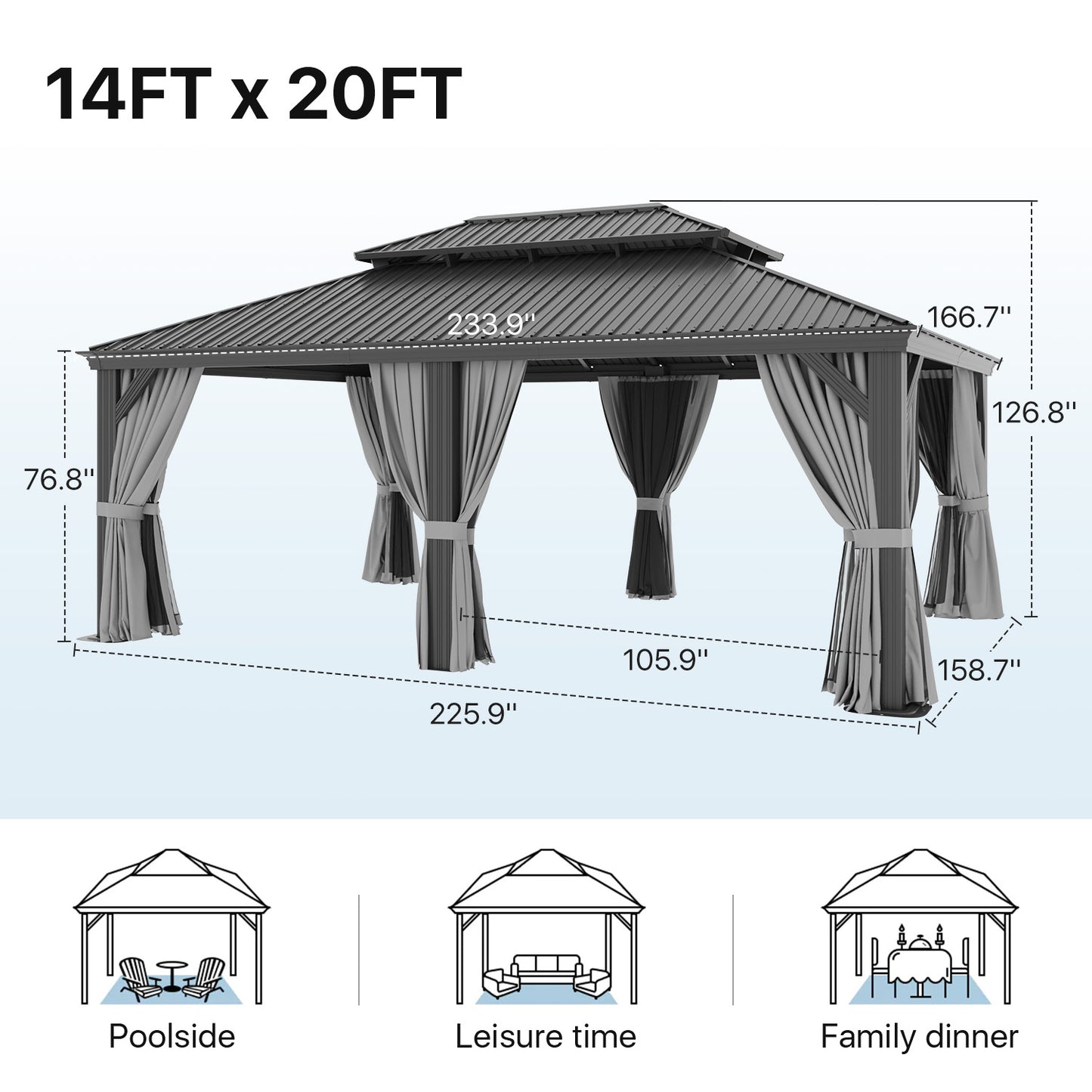 20 Ft. W X 14 Ft. D Metal with Water Guide Roof, 4.7 Inch Aluminum Post Patio Gazebo