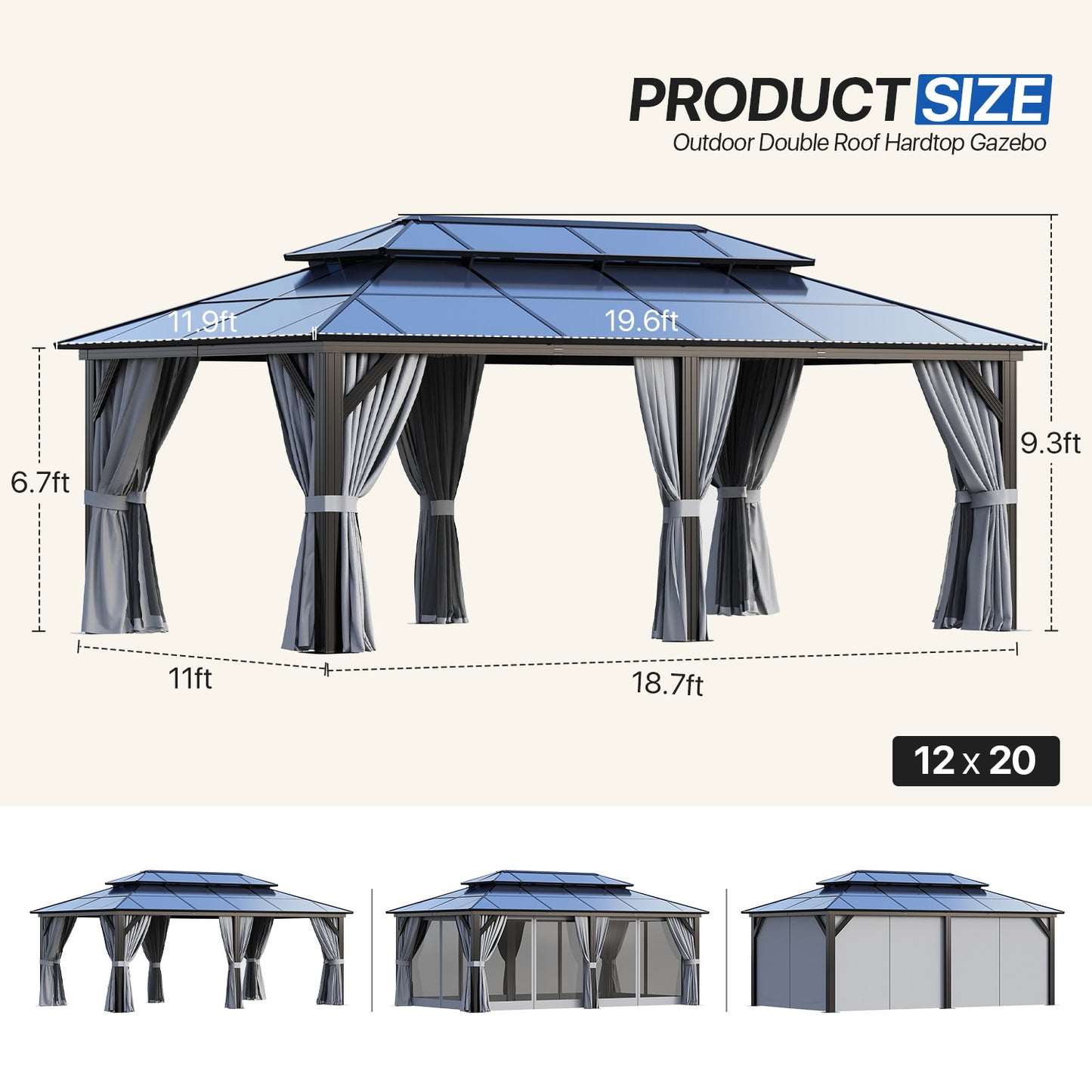 20 Ft. W X 12 Ft. D Aluminum Patio Hardtop Gazebo