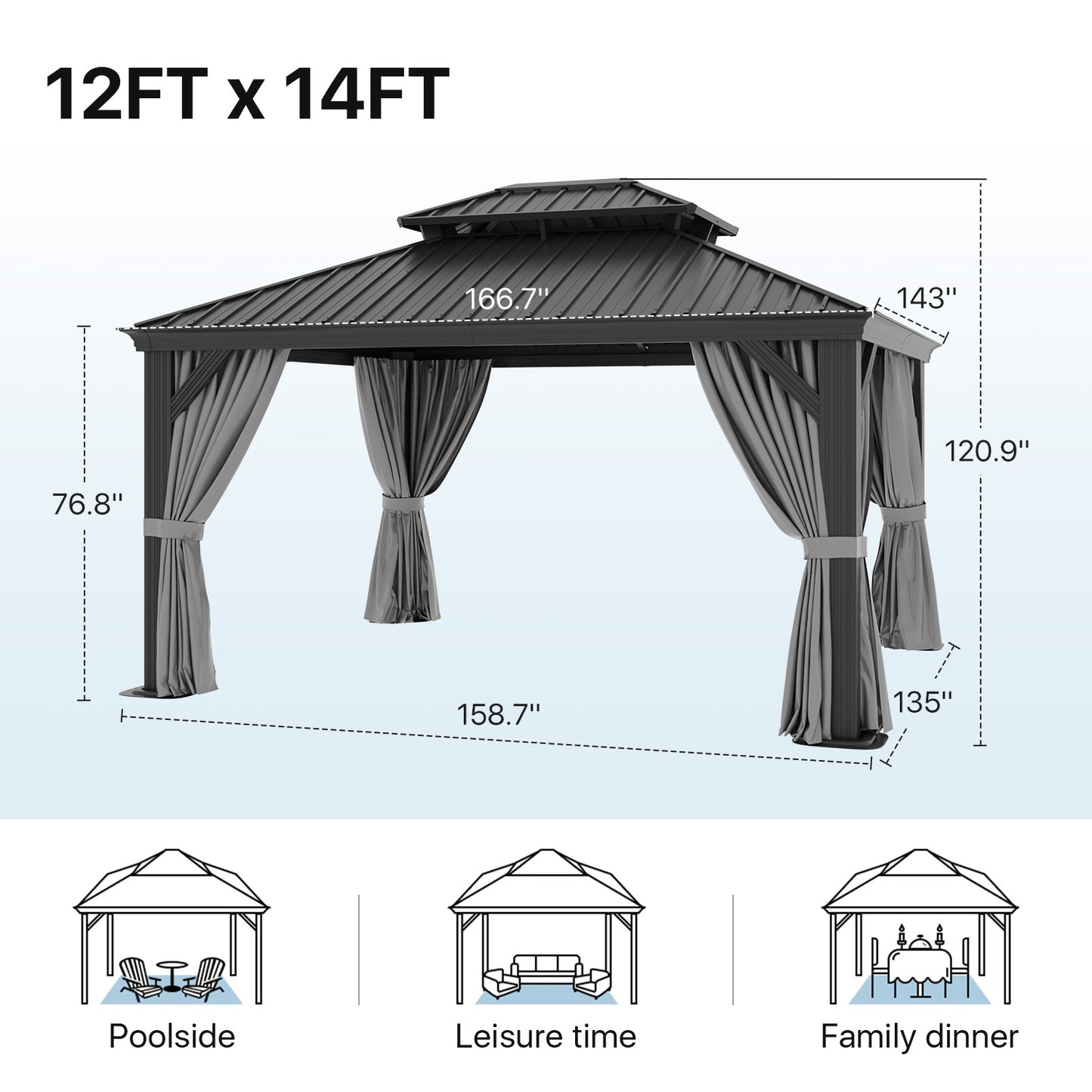 14 Ft. W X 12 Ft. D Metal With Water Guide Roof, 4.7inch Aluminum Post Patio Gazebo