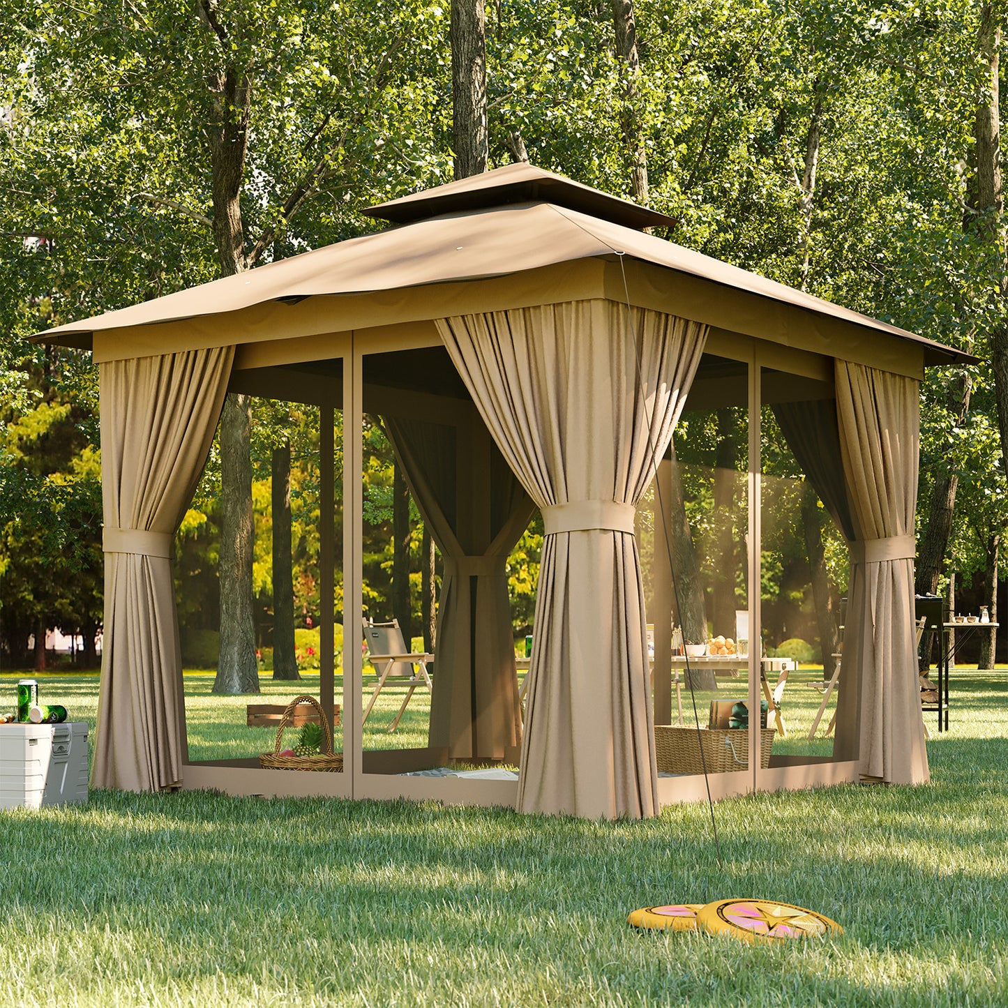 Jolydale 8x8 Ft Outdoor Gazebo With Double Roof, Patio Canopy With Mosquito Netting And Curtains, Suitable For Patios, Lawn And Backyard