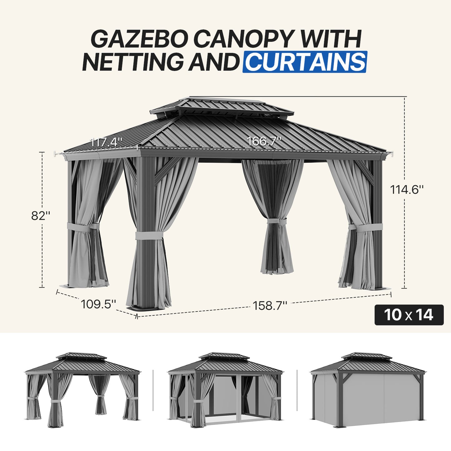14 Ft. W X 10 Ft. D Metal With Water Guide Roof, 4.7inch Aluminum Post Patio Gazebo