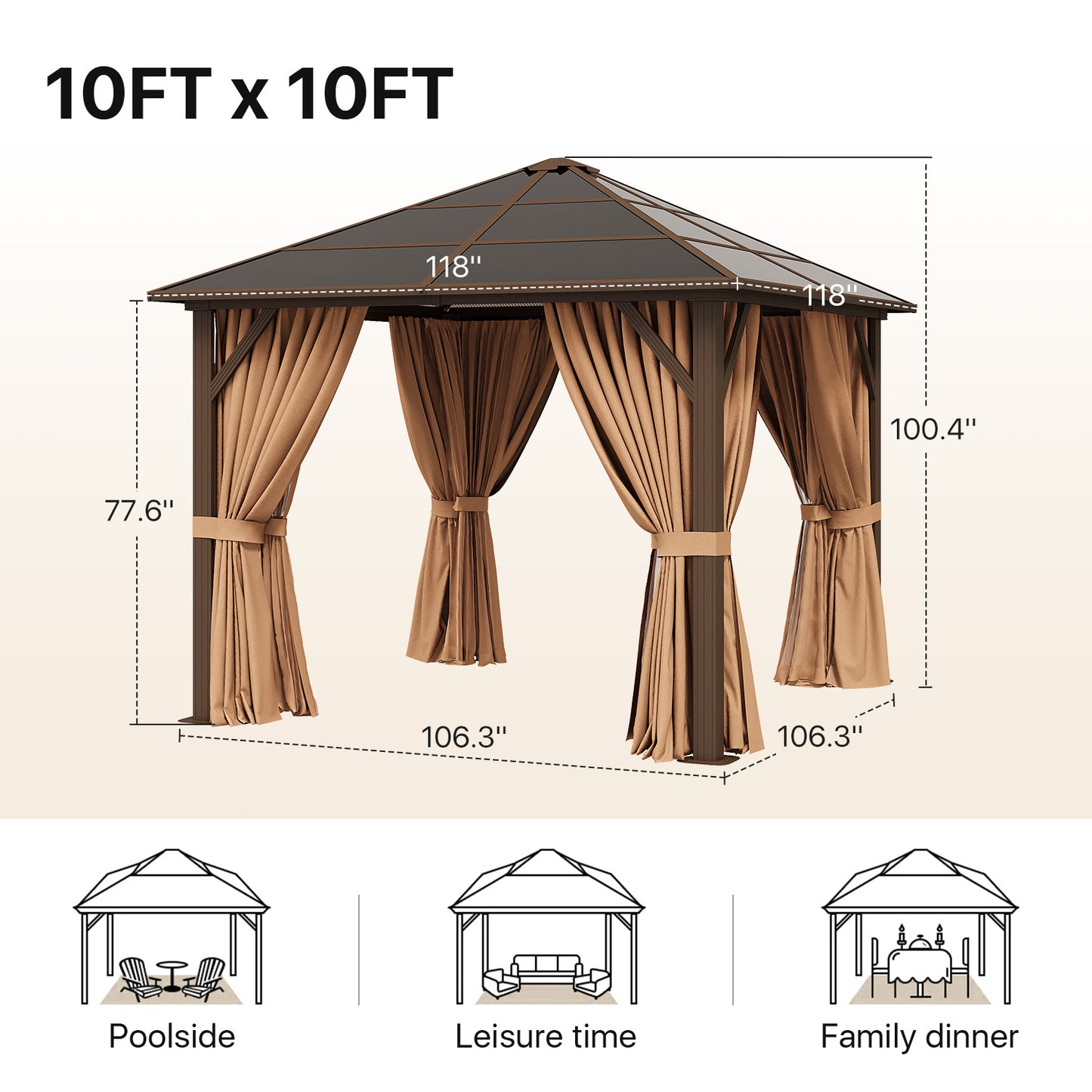 10 Ft. W X 10 Ft. D Aluminum Frame Brown Patio Gazebo