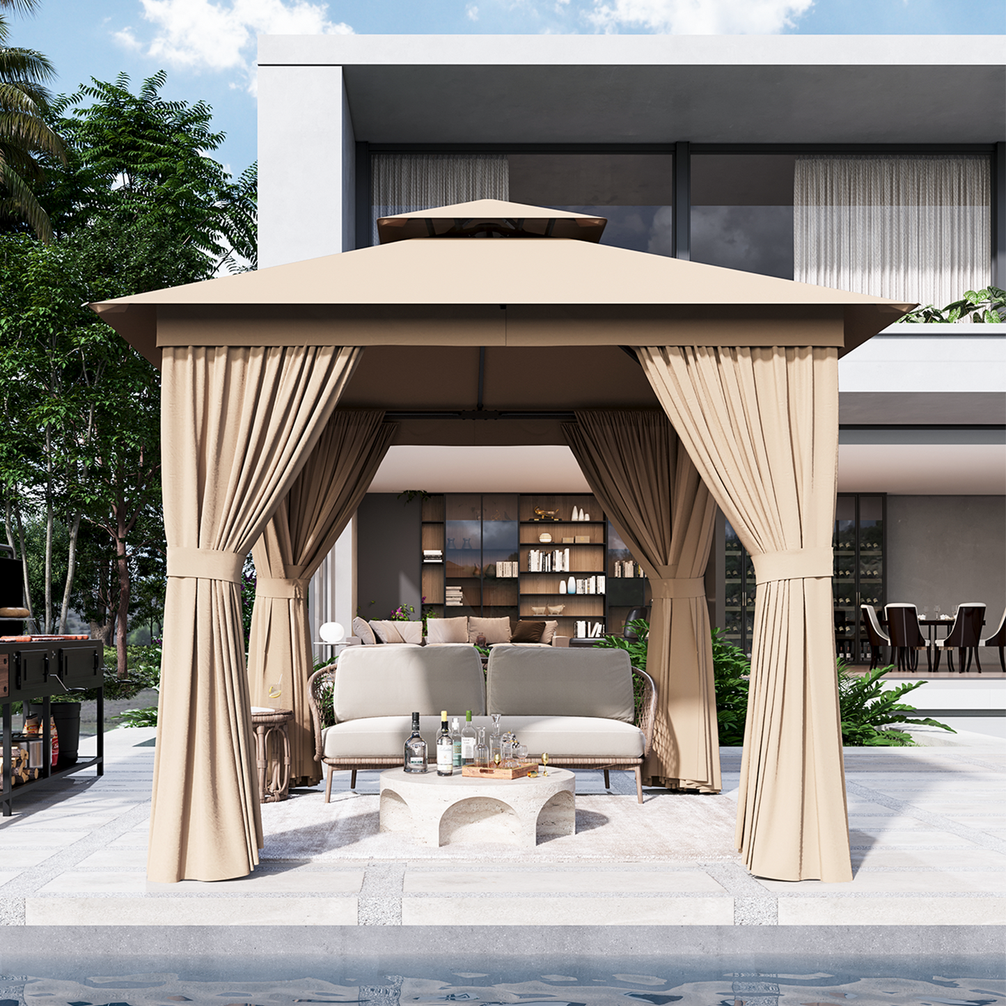 8x8 Ft Outdoor Gazebo With Double Roof, Patio Canopy With Mosquito Netting And Curtains, Suitable For Patios, Lawn And Backyard