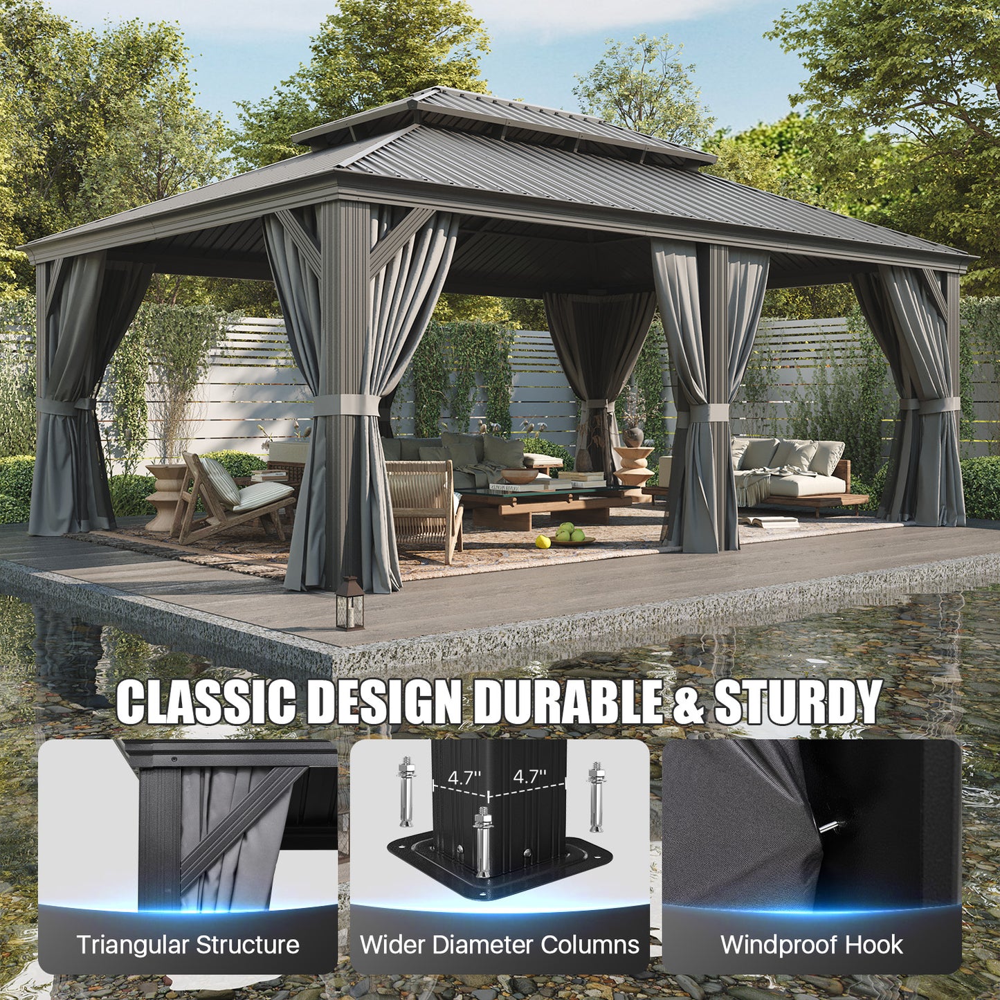 20 Ft. W X 14 Ft. D Metal with Water Guide Roof, 4.7 Inch Aluminum Post Patio Gazebo