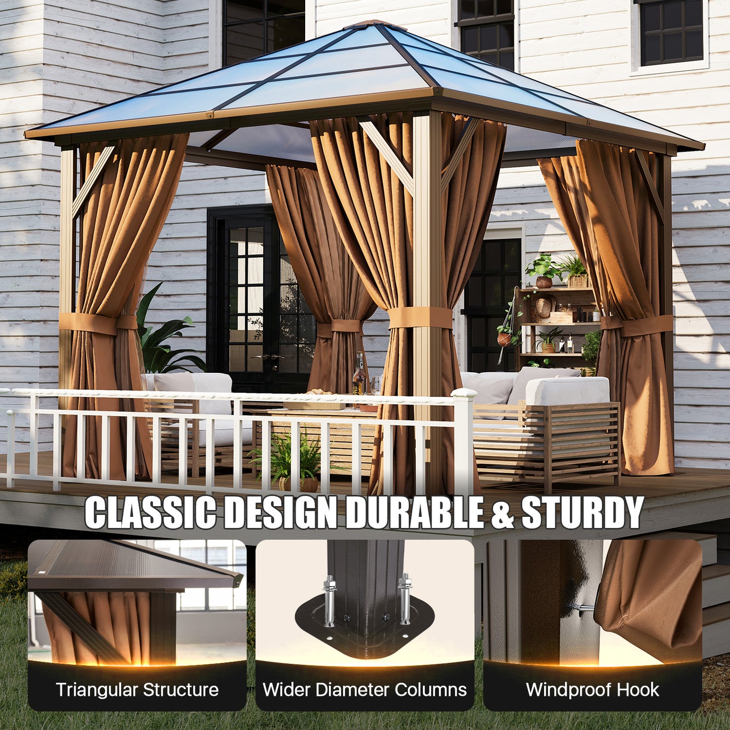 10 Ft. W X 10 Ft. D Aluminum Frame Brown Patio Gazebo