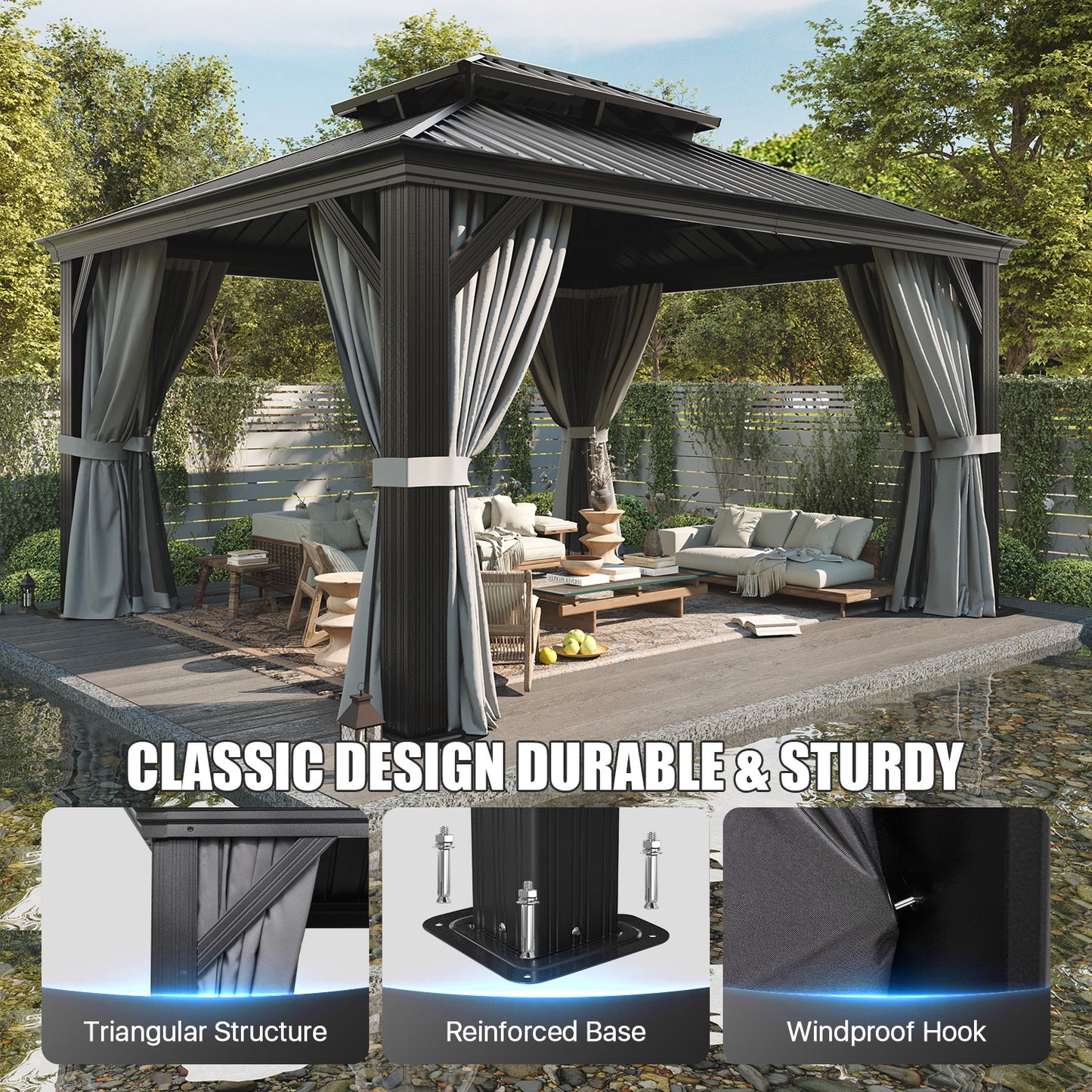 14 Ft. W X 12 Ft. D Metal With Water Guide Roof, 4.7inch Aluminum Post Patio Gazebo