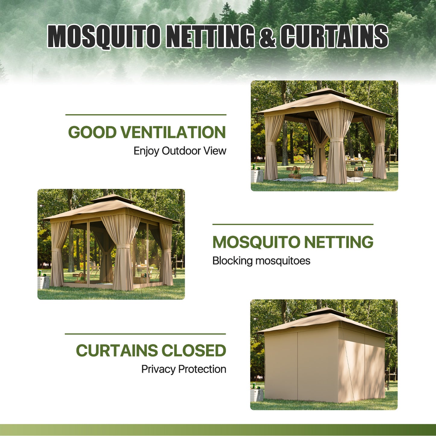 Jolydale 8x8 Ft Outdoor Gazebo With Double Roof, Patio Canopy With Mosquito Netting And Curtains, Suitable For Patios, Lawn And Backyard