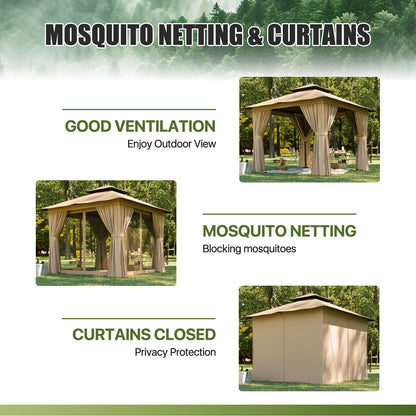 Jolydale 8x8 Ft Outdoor Gazebo With Double Roof, Patio Canopy With Mosquito Netting And Curtains, Suitable For Patios, Lawn And Backyard