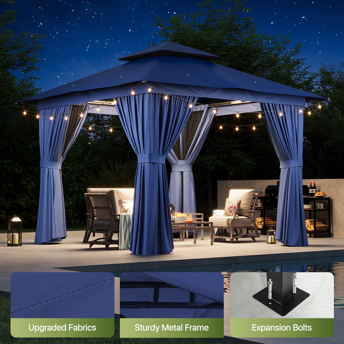 Jolydale 8x8 Ft Outdoor Gazebo With Double Roof, Patio Canopy With Mosquito Netting And Curtains, Suitable For Patios, Lawn And Backyard