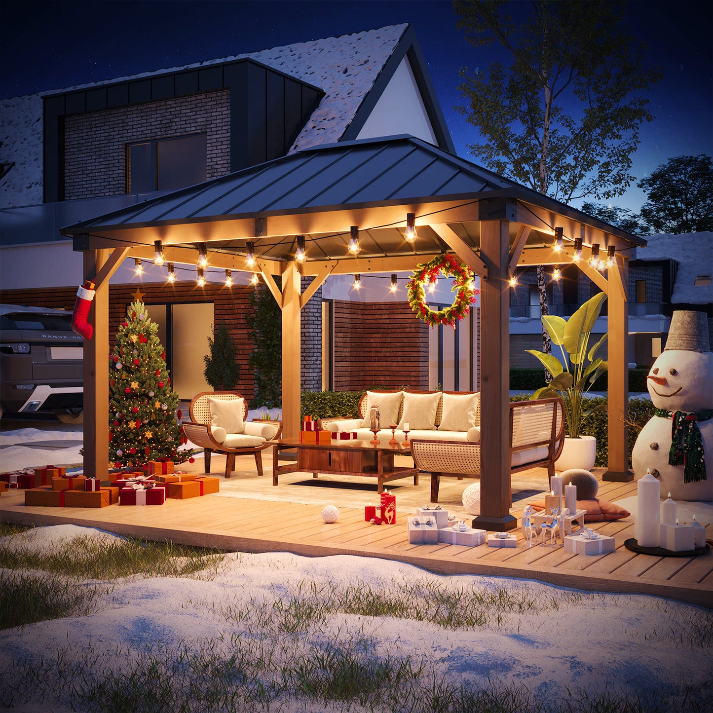 Jolydale 12 X 10 Ft. Soild Wood Gazebo Steel Hardtop Roof Gazebos