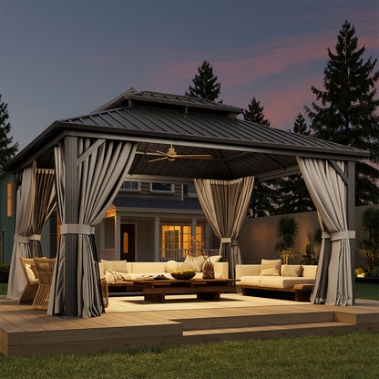 14 Ft. W X 12 Ft. D Double Roof Gazebo with Solar-powered Lights