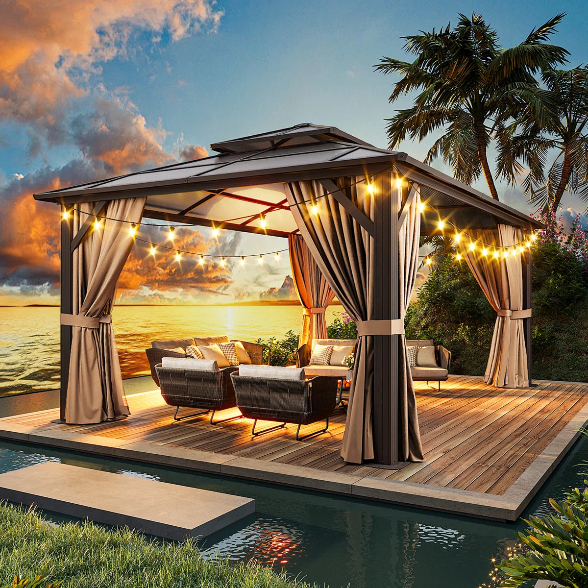 12ft W X 10ft D Aluminum Patio Hardtop Gazebo With String Lights