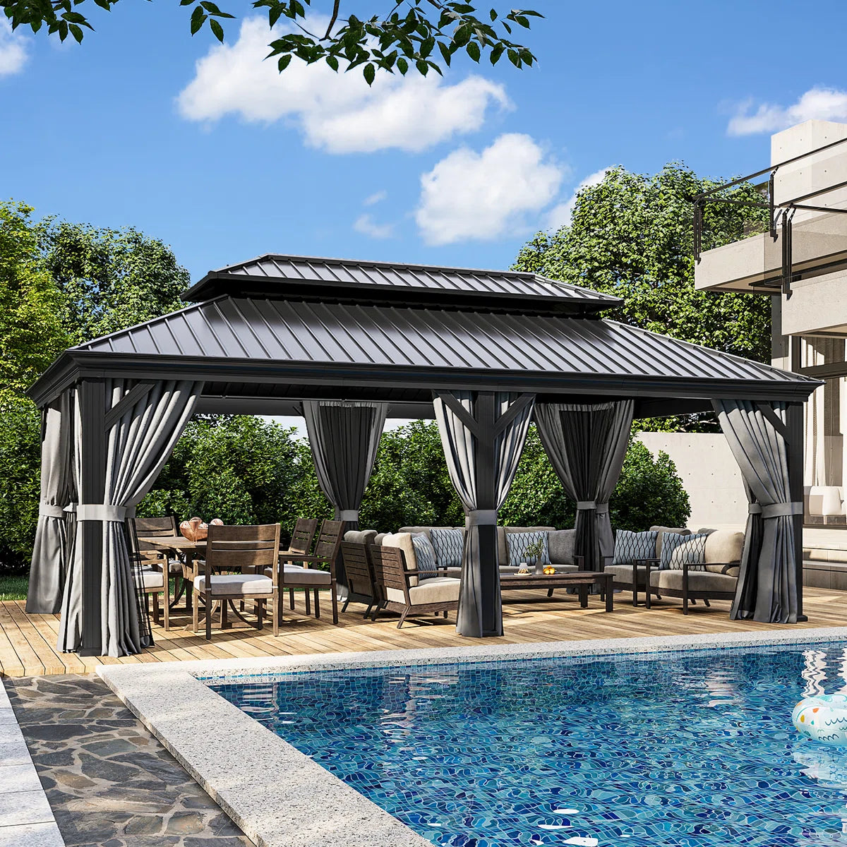 20 Ft. W X 12 Ft. D Gray With Water Guide Roof, 4.7inch Aluminum Post Patio Square Column Gazebo