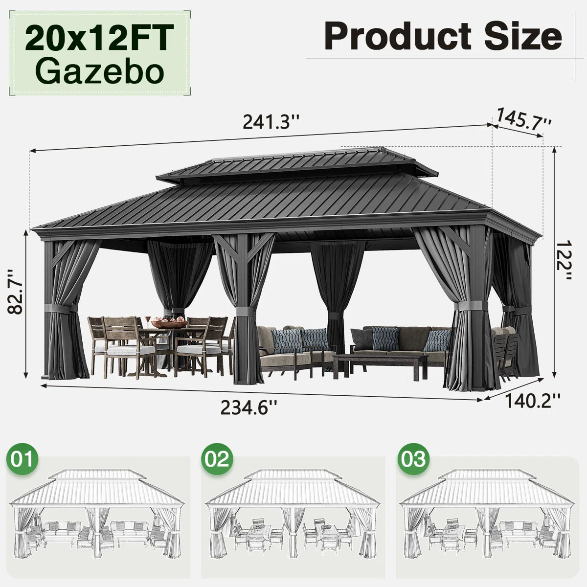 20 Ft. W X 12 Ft. D Gray With Water Guide Roof, 4.7inch Aluminum Post Patio Square Column Gazebo
