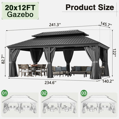 20 Ft. W X 12 Ft. D Gray With Water Guide Roof, 4.7inch Aluminum Post Patio Square Column Gazebo