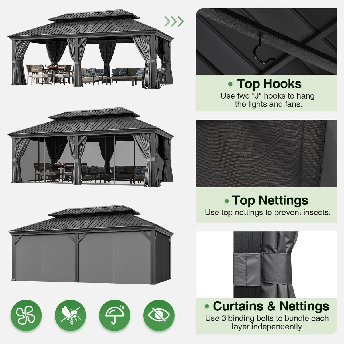 20 Ft. W X 12 Ft. D Gray With Water Guide Roof, 4.7inch Aluminum Post Patio Square Column Gazebo