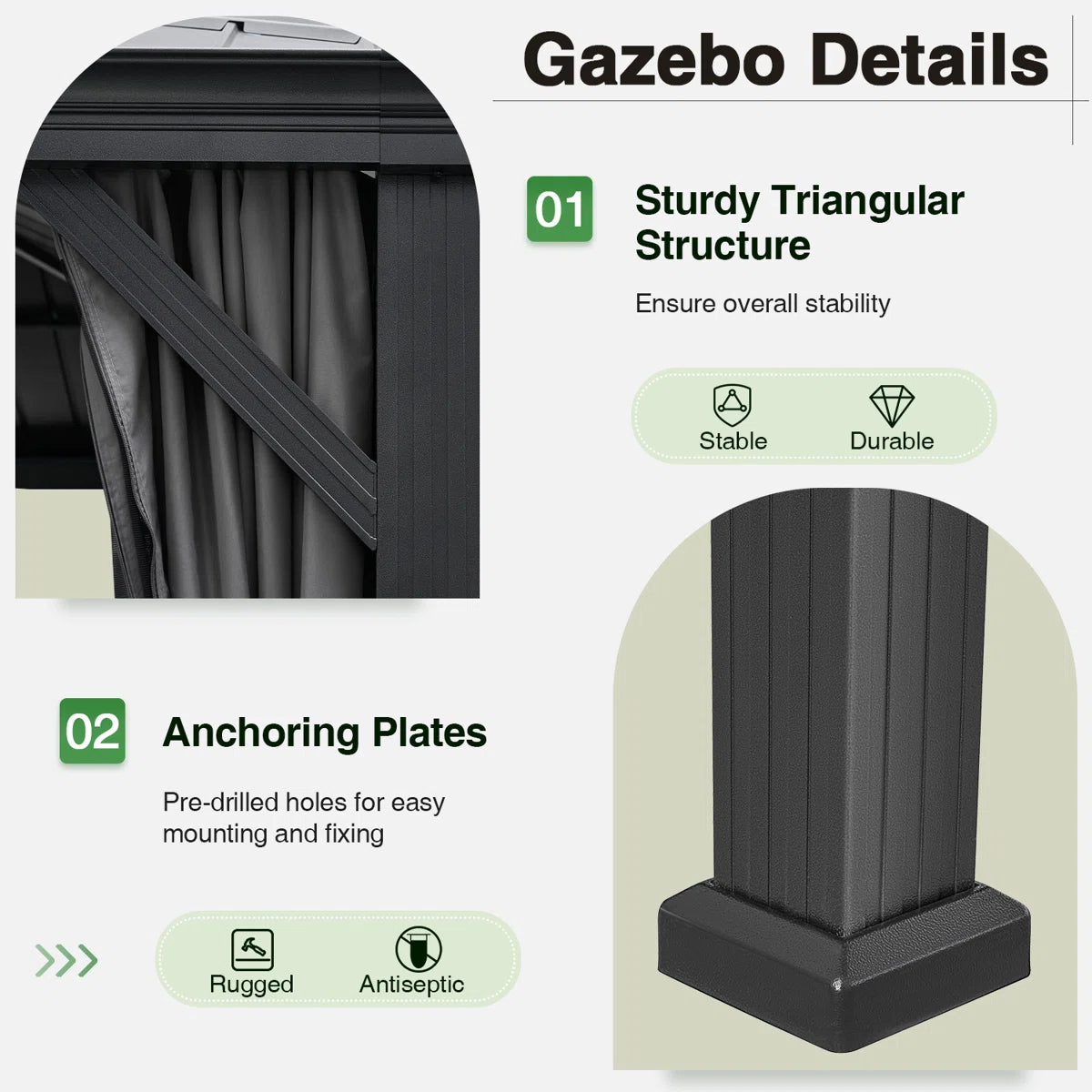 20 Ft. W X 12 Ft. D Gray With Water Guide Roof, 4.7inch Aluminum Post Patio Square Column Gazebo