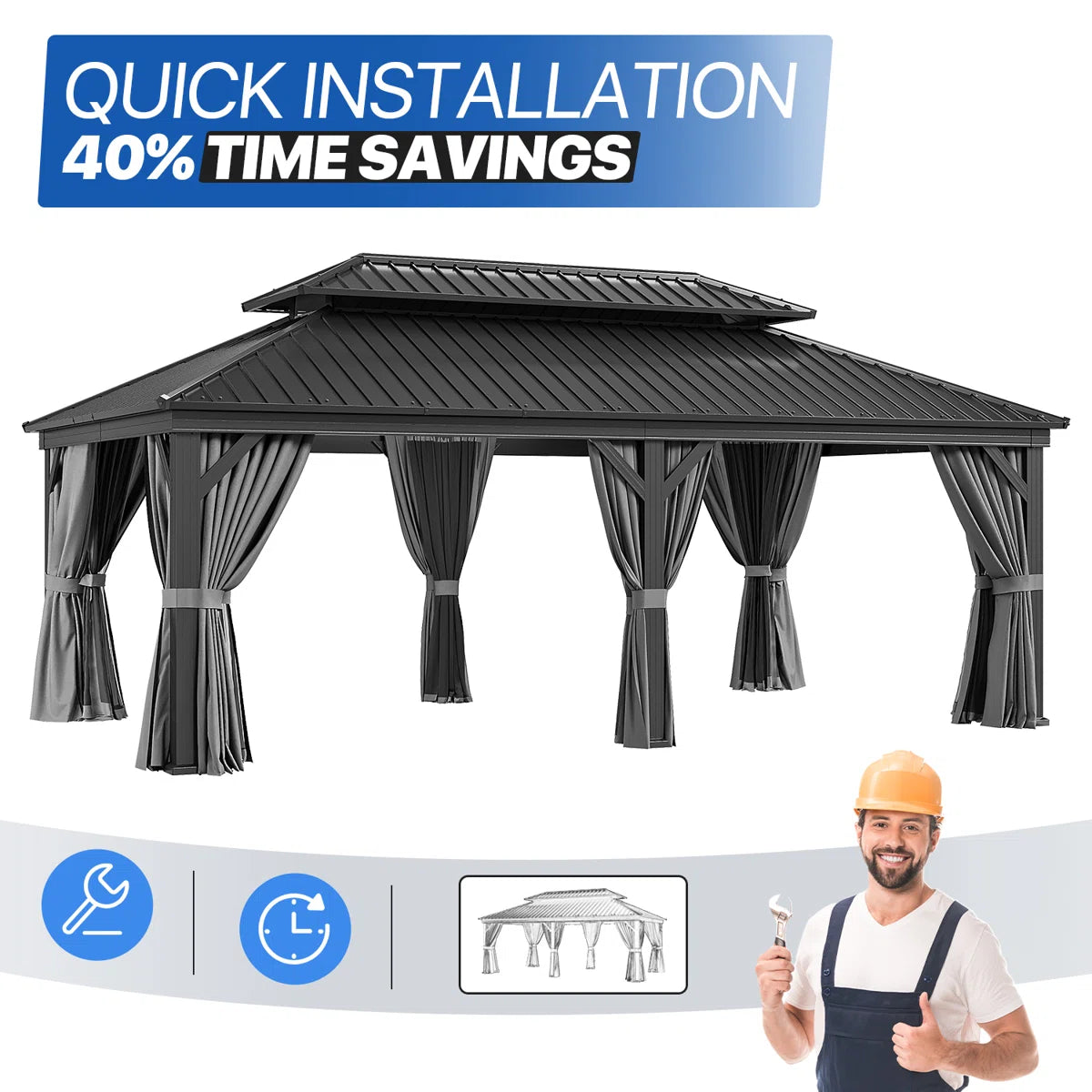 20 Ft. W X 12 Ft. D Metal Easy Install Patio Gazebo