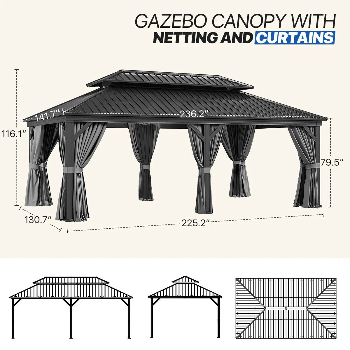 20 Ft. W X 12 Ft. D Metal Easy Install Patio Gazebo
