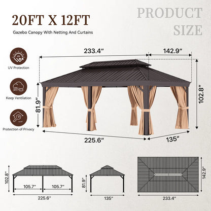 20 Ft. W X 12 Ft. D Metal With Water Guide Roof, 4.7inch Aluminum Post Patio Gazebo