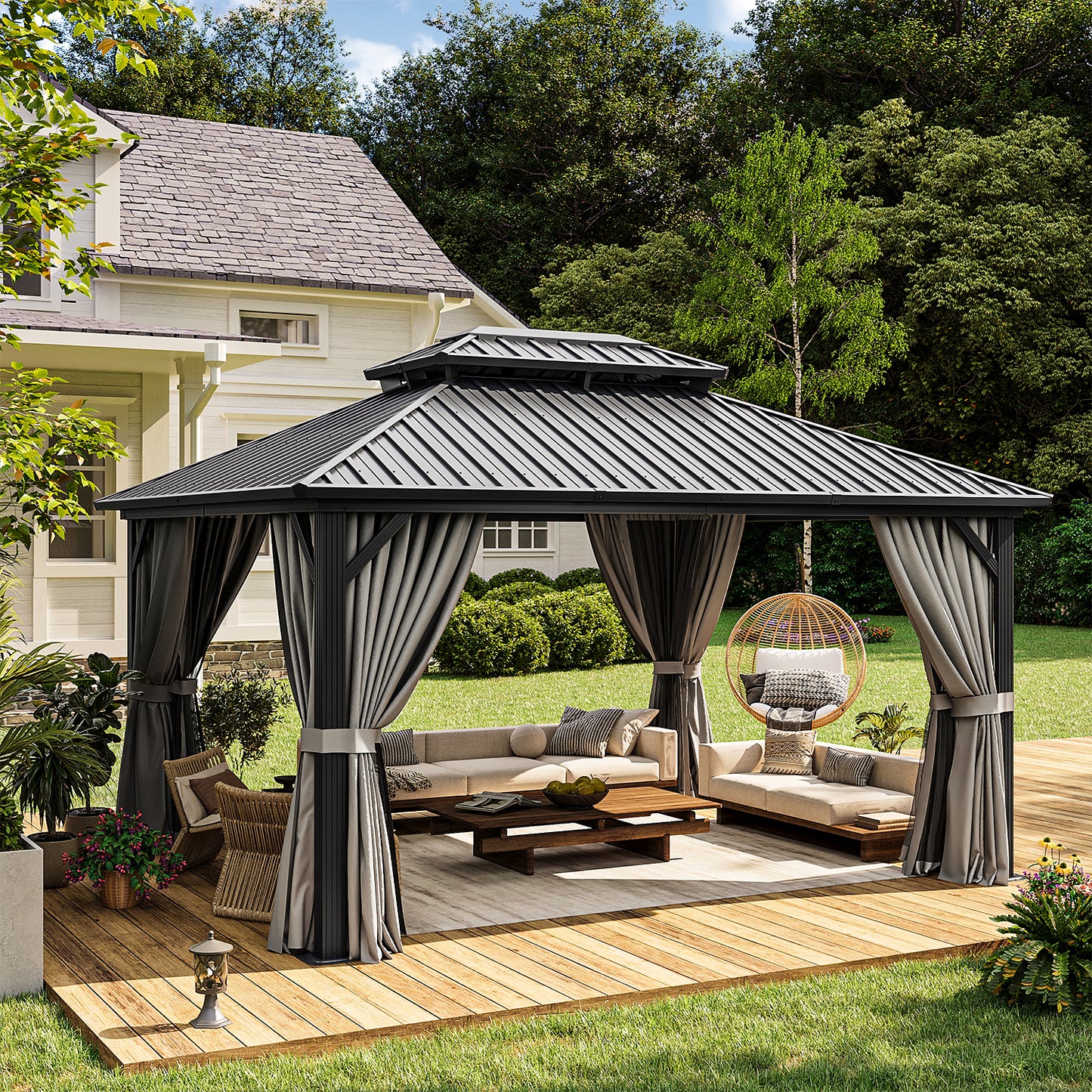 14 Ft. W X 12 Ft. D Double Roof Gazebo with Solar-powered Lights