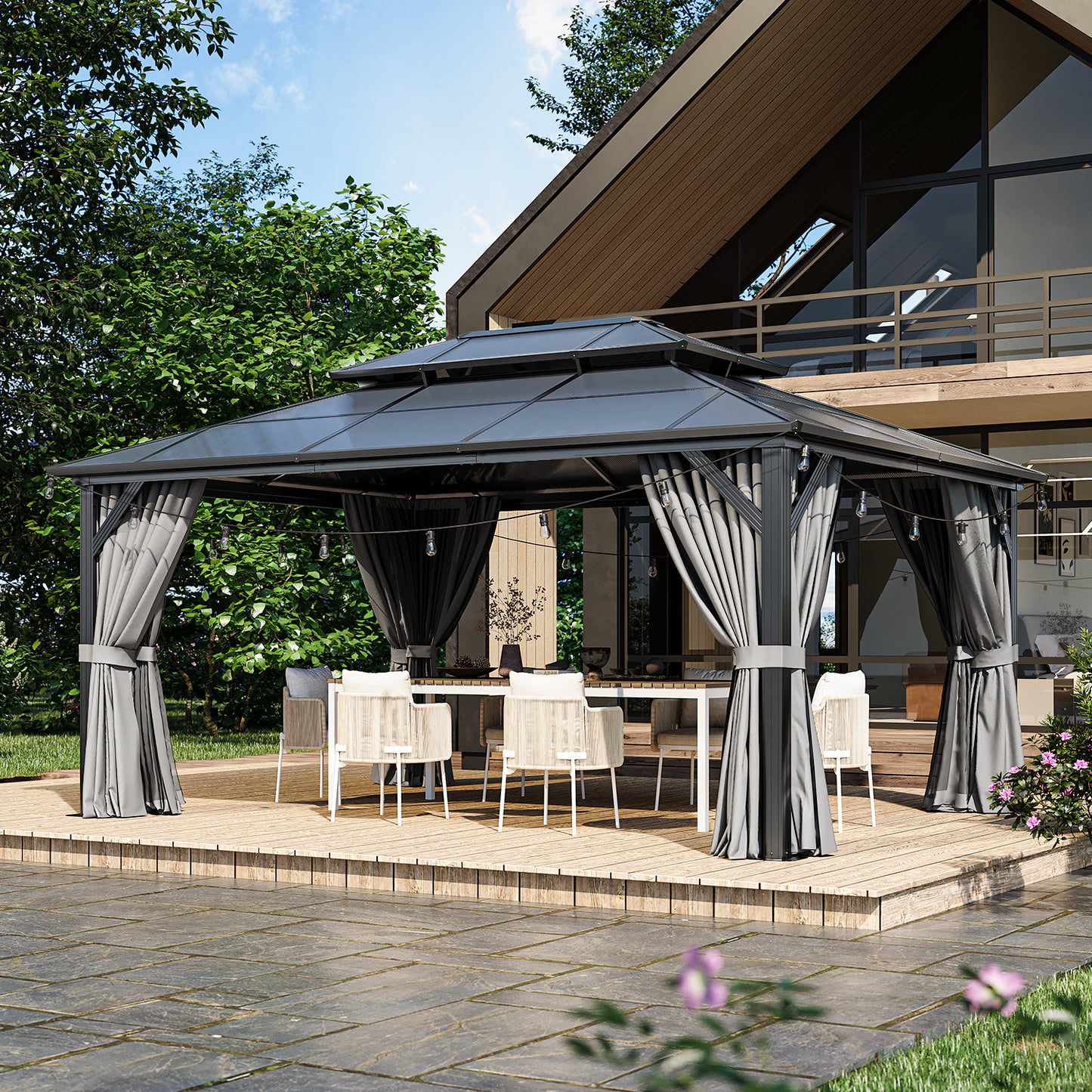 16 Ft. W X 12 Ft. D Metal Patio Gazebo With String Lights