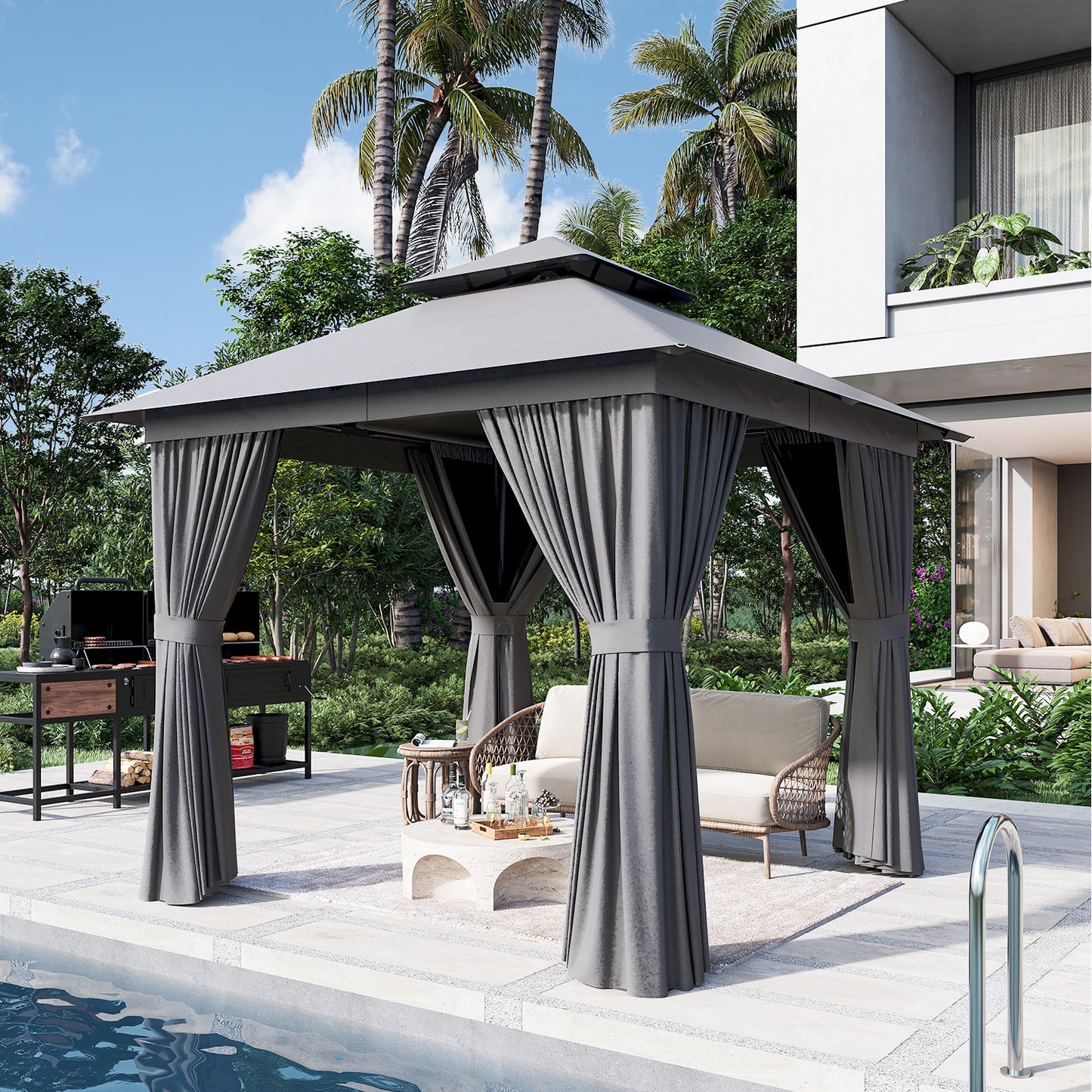 8x8 Ft Outdoor Gazebo With Double Roof, Patio Canopy With Mosquito Netting And Curtains, Suitable For Patios, Lawn And Backyard