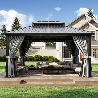 14 Ft. W X 12 Ft. D Double Roof Gazebo with Solar-powered Lights