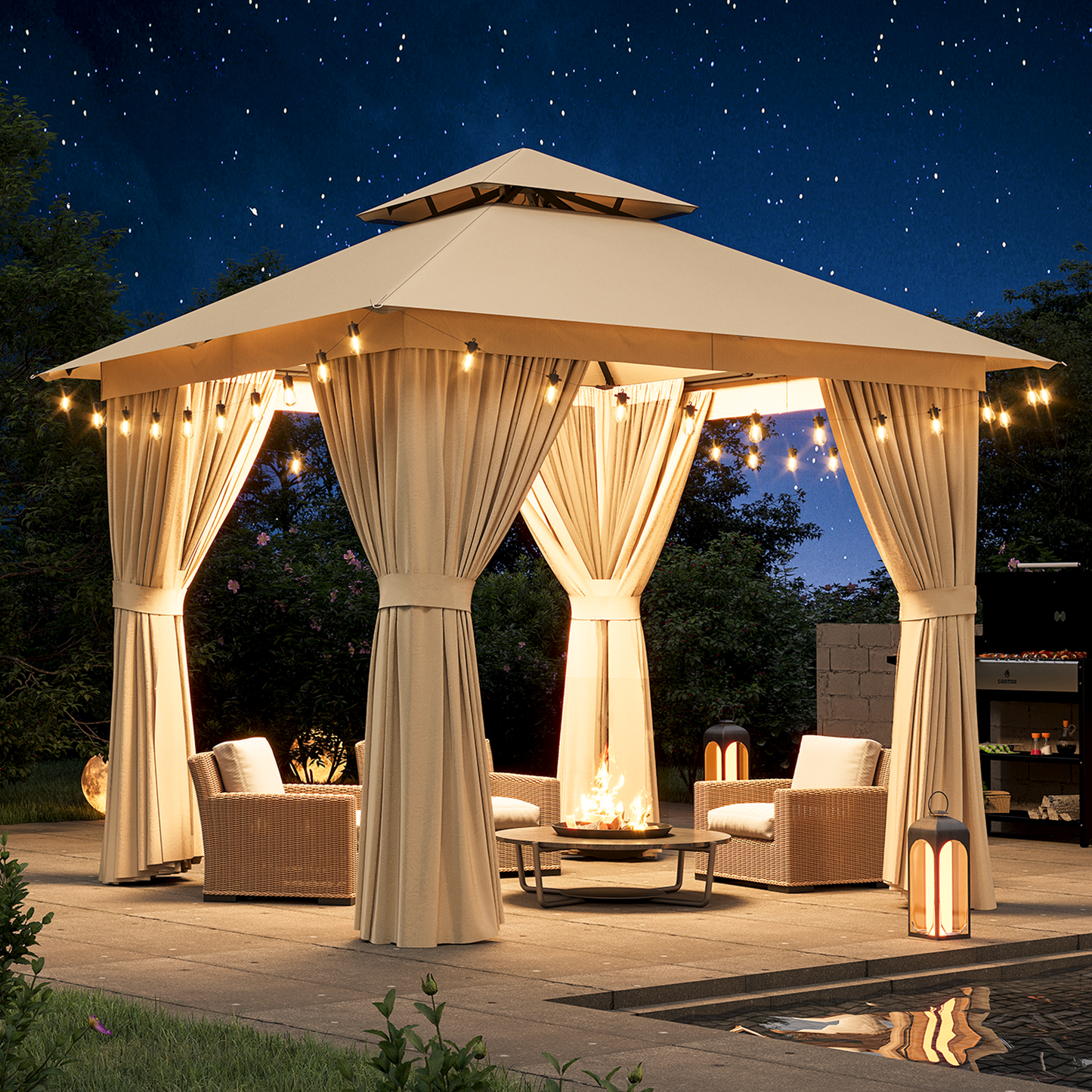 8x8 Ft Outdoor Gazebo With Double Roof, Patio Canopy With Mosquito Netting And Curtains, Suitable For Patios, Lawn And Backyard