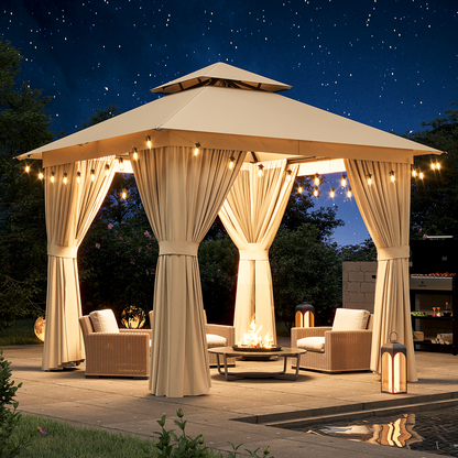 8x8 Ft Outdoor Gazebo With Double Roof, Patio Canopy With Mosquito Netting And Curtains, Suitable For Patios, Lawn And Backyard