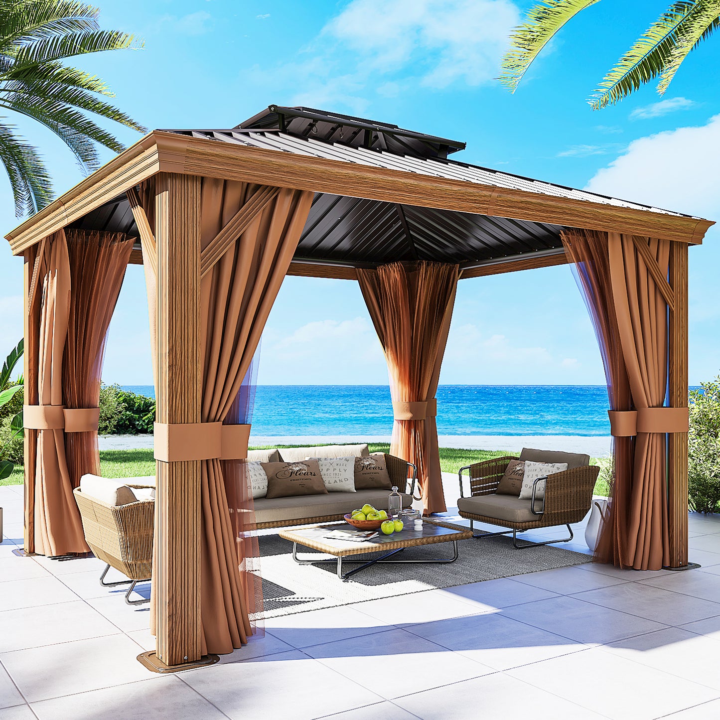 12Ft. W x 10Ft. D Outdoor Cedar Framed Gazebo with Steel Hardtop Permanent Wooden Finished Pavilion