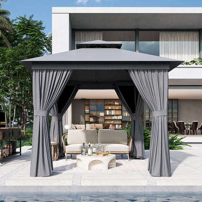 8x8 Ft Outdoor Gazebo With Double Roof, Patio Canopy With Mosquito Netting And Curtains, Suitable For Patios, Lawn And Backyard