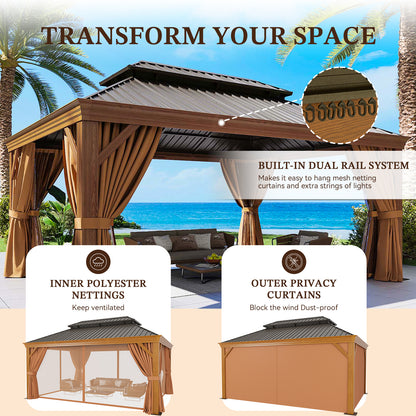 16Ft. W x 12Ft. D Outdoor Cedar Framed Gazebo with Steel Hardtop Permanent Wooden Finished Pavilion