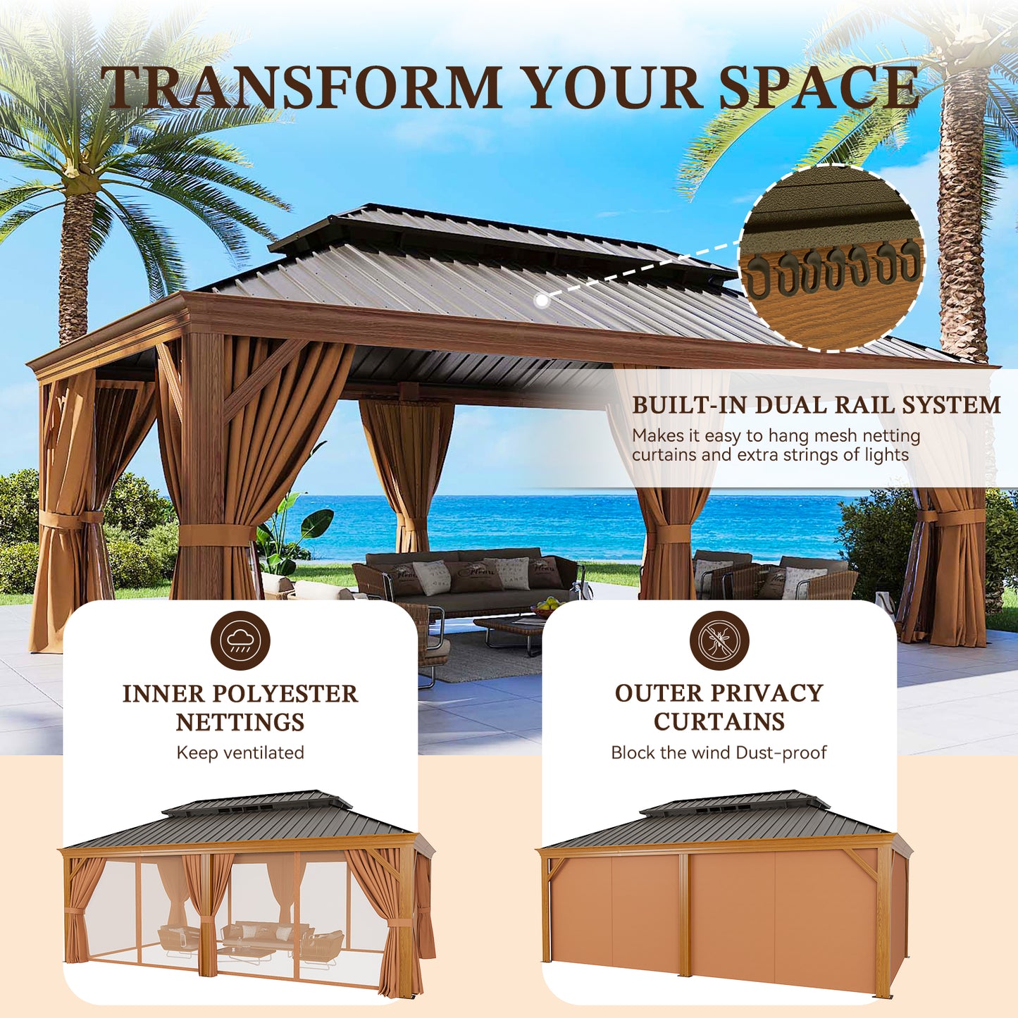 20Ft. W x 12Ft. D Outdoor Cedar Framed Gazebo with Steel Hardtop Permanent Wooden Finished Pavilion