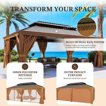 20Ft. W x 12Ft. D Outdoor Cedar Framed Gazebo with Steel Hardtop Permanent Wooden Finished Pavilion