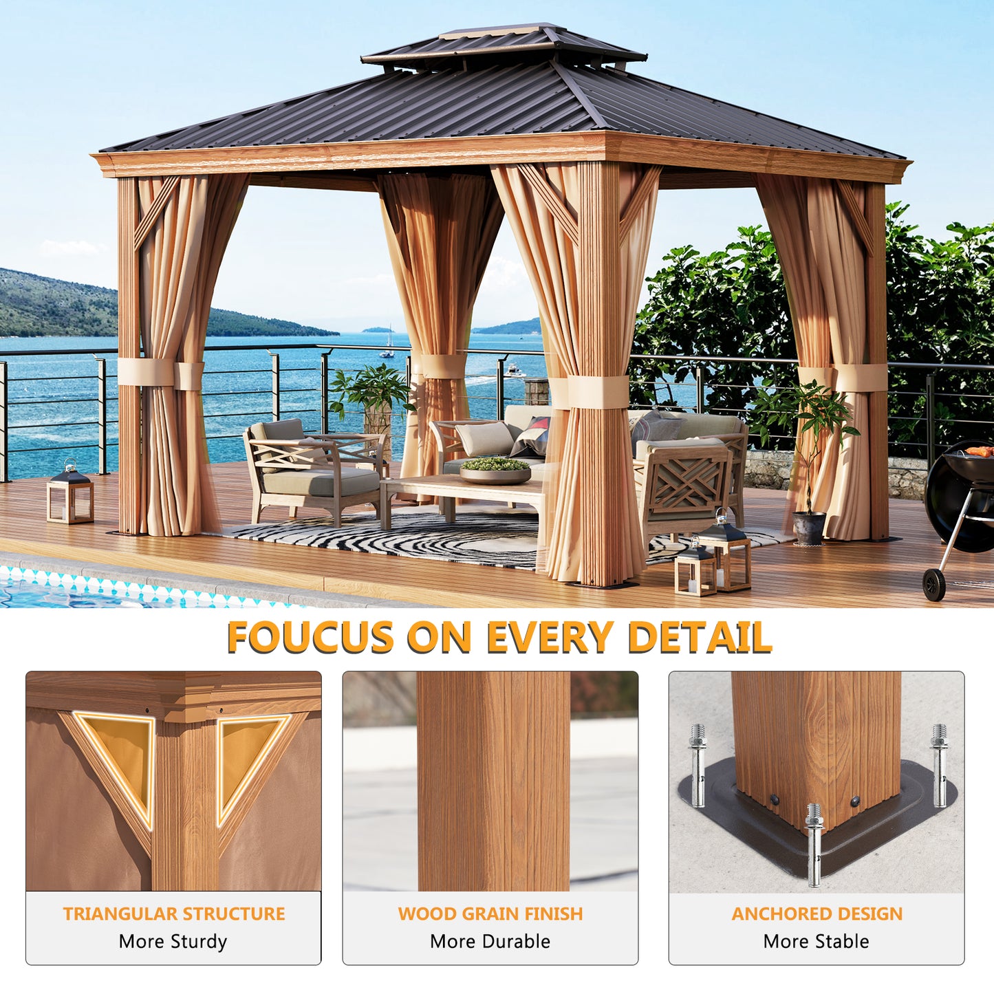 12Ft. W x 10Ft. D Outdoor Cedar Framed Gazebo with Steel Hardtop Permanent Wooden Finished Pavilion
