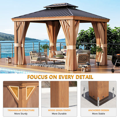12Ft. W x 10Ft. D Outdoor Cedar Framed Gazebo with Steel Hardtop Permanent Wooden Finished Pavilion