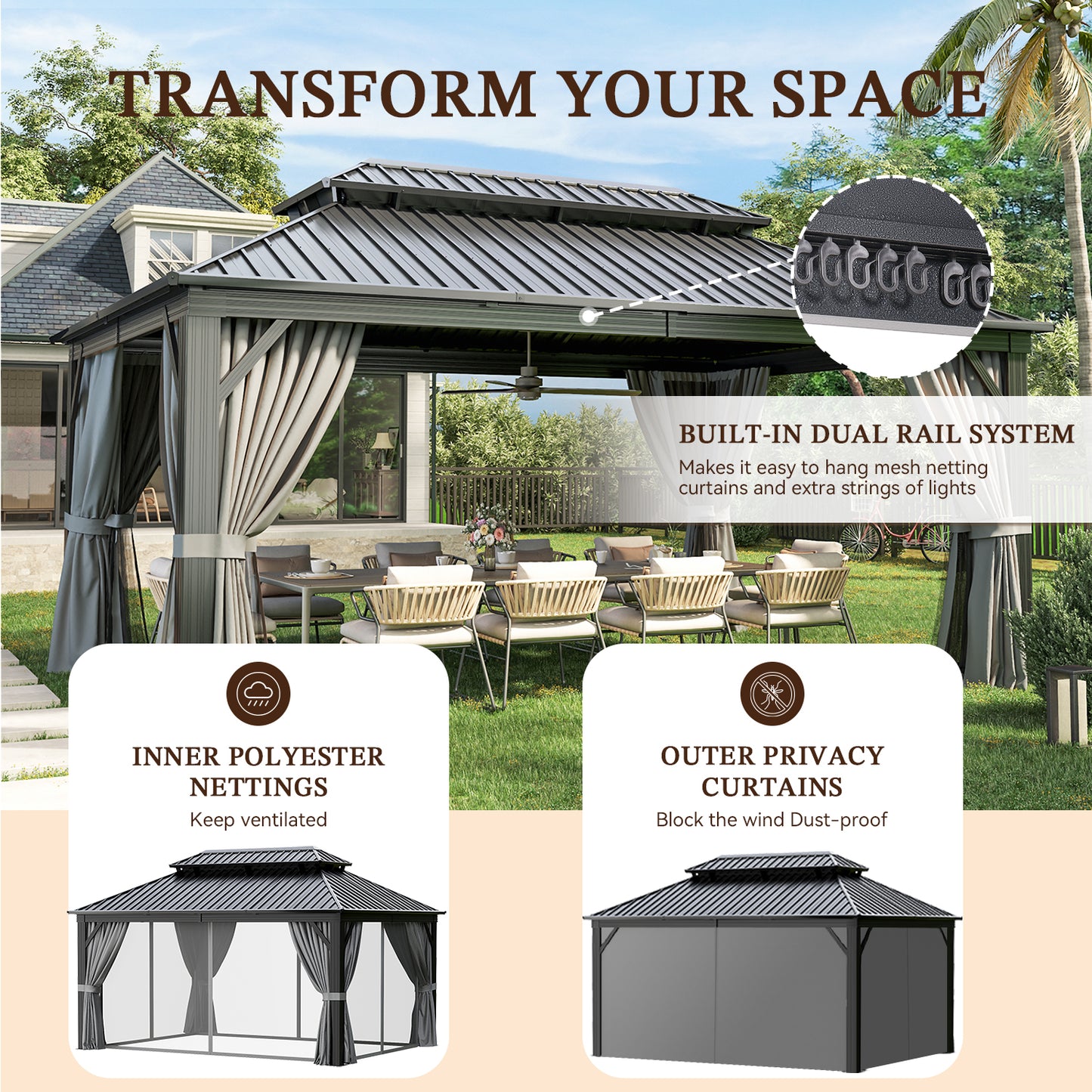 16 Ft. W X 12 Ft. D Metal Patio Gazebo