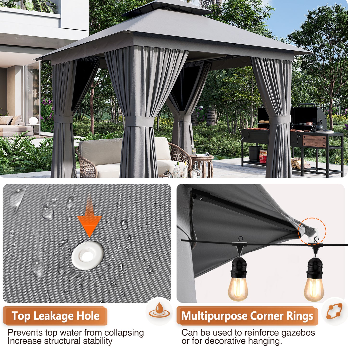 8x8 Ft Outdoor Gazebo With Double Roof, Patio Canopy With Mosquito Netting And Curtains, Suitable For Patios, Lawn And Backyard
