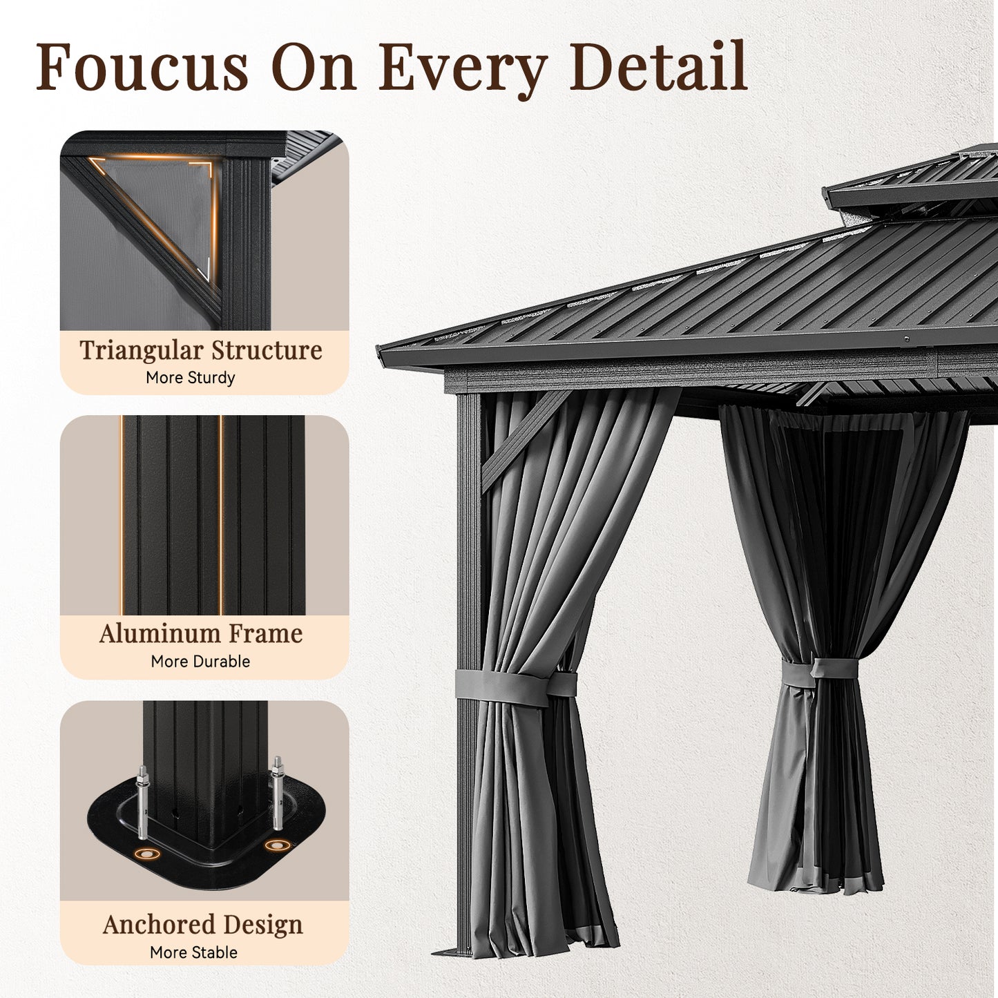 14 Ft. W X 10 Ft. D Patio Gazebo With Double Roof