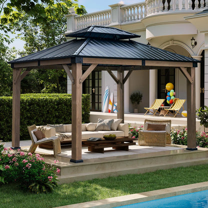 12 X 10 Ft. Soild Wood Gazebo Steel Double Hardtop Roof Gazebos