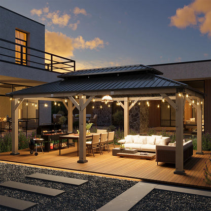 Jolydale Soild Wood Gazebo, Hardtop Gazebo With Galvanized Steel Double Roof, Suitable For Patios, Lawn And Backyard