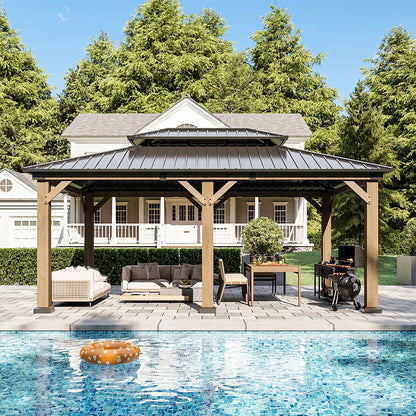 Jolydale 12x16ft. Soild Wood Gazebo, Hardtop Gazebo With Galvanized Steel Double Roof, Suitable For Patios, Lawn And Backyard