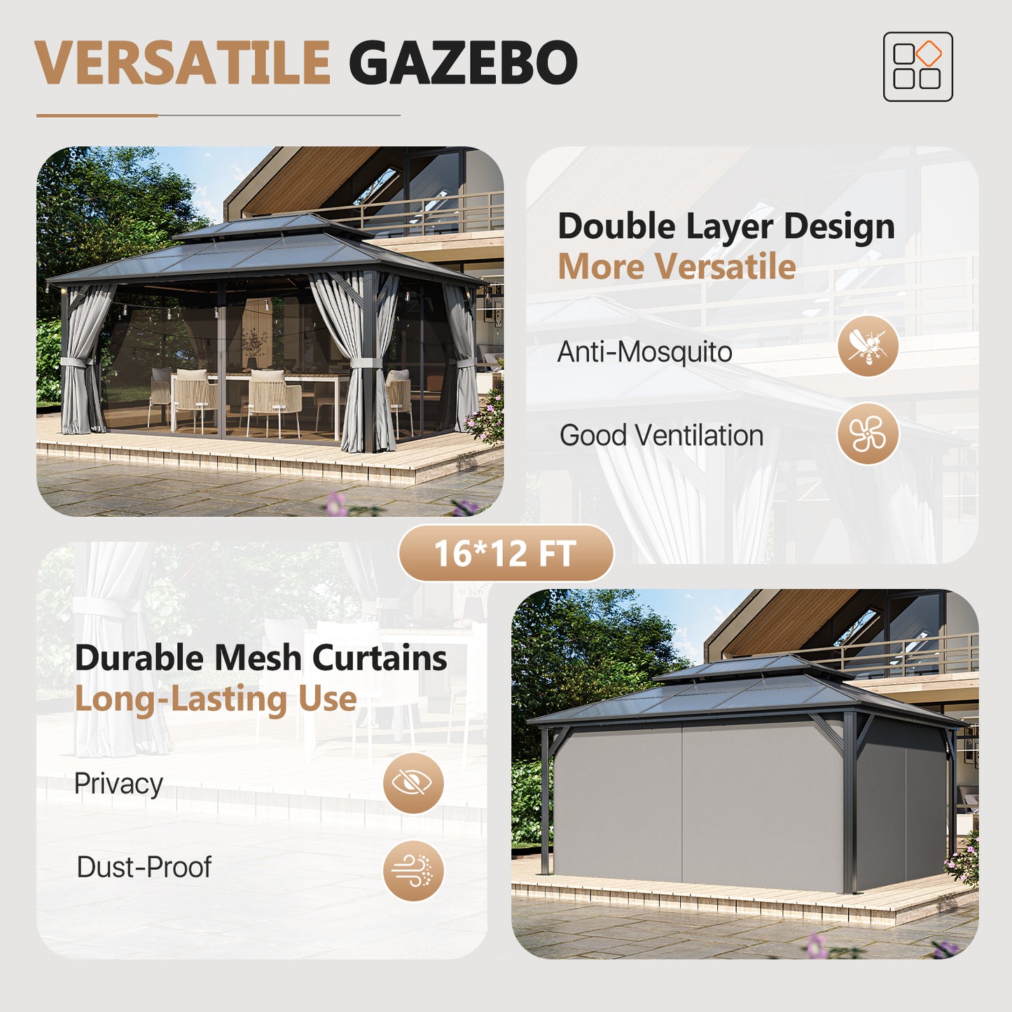 16 Ft. W X 12 Ft. D Metal Patio Gazebo With String Lights