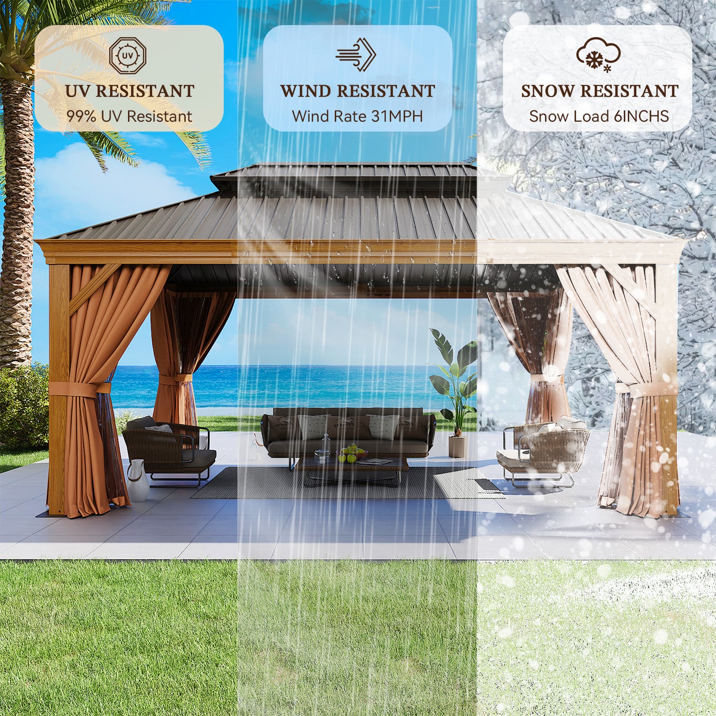 16Ft. W x 12Ft. D Outdoor Cedar Framed Gazebo with Steel Hardtop Permanent Wooden Finished Pavilion