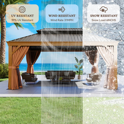 16Ft. W x 12Ft. D Outdoor Cedar Framed Gazebo with Steel Hardtop Permanent Wooden Finished Pavilion